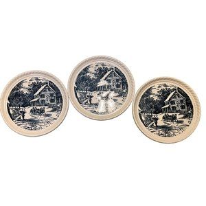 Collectible CURRIER & iVES Set of 3 Plates 8" Dia Blue White Transferware  EUC